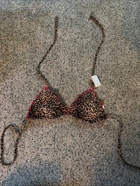 Leopard Print Triangle Bikini Top with Pink Trim